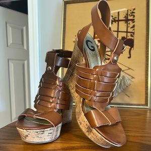 G by guess womens 8.5 brown cork wedges platform sandals EUC